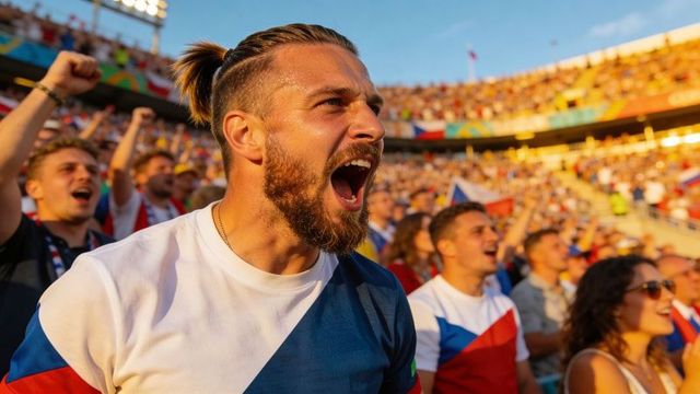 Bearded fan shouting in packed stadium wearing team shirt and topknot hairstyle