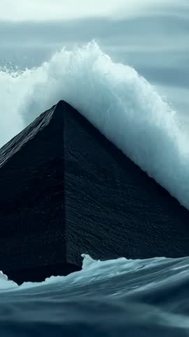 Vertical cinematic footage capturing rising swell colliding with dark pyramid monolith
