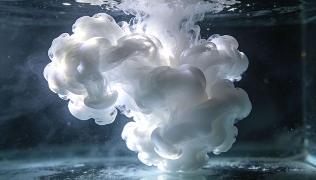 Billowing white ink cloud dispersing underwater with backlit glow