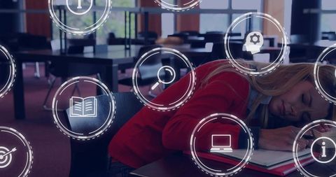 Female student resting on notebook after study session with digital study icons overlay