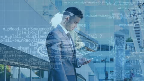 Businessman on Smartphone with Technological Interface Overlay