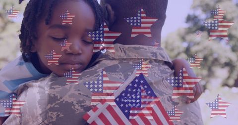 Military Father Embracing Daughter Overlaid with American Stars Graphics - Download Free Stock Images Pikwizard.com