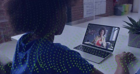 Remote coaching with binary data overlay, woman watching laptop for virtual collaboration