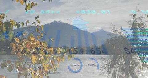 Serene Mountain Landscape with Transparent Data Concept