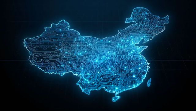 Digital china map with circuit pathways and glowing nodes