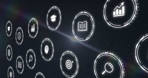 Futuristic digital interface icons floating in a starry background