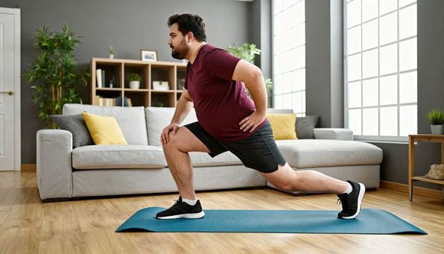 Man performing forward lunge on blue mat at home in sunlit modern living room