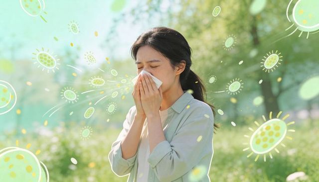 Asian woman sneezing in sunlit park holding tissue surrounded by pollen allergy concept