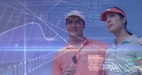Couple Golfing Overlayed with Tech and Financial Elements