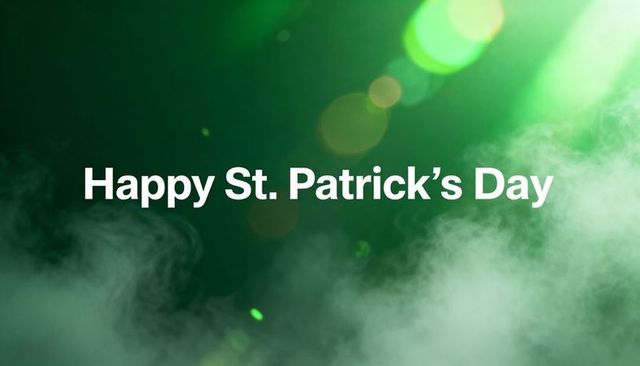 St. Patrick's day greeting with emerald spotlight, smoke and bokeh for festive cards
