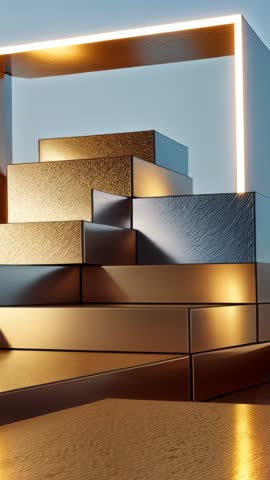 Panning Metallic Block Tiers Revealing Glowing Frame Reflections