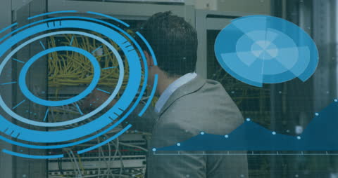 IT Technician Analyzing Server Room with Digital Interface Overlay