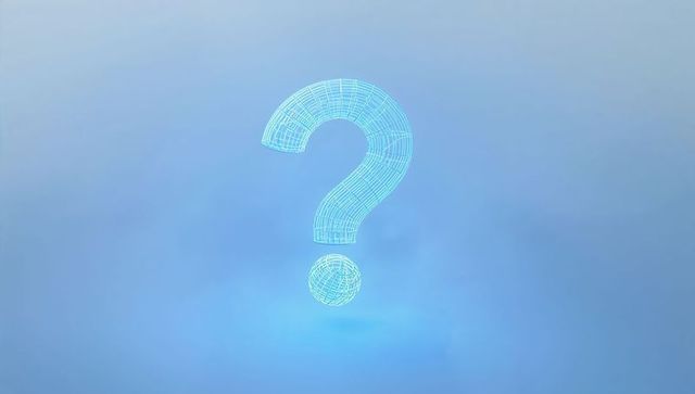 Glowing Cyan Wireframe Question Mark Hovering Over Smooth Blue Gradient for Tech