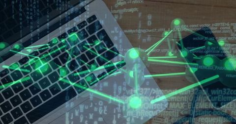 Laptop keyboard with glowing neural network overlay illustrating machine learning data