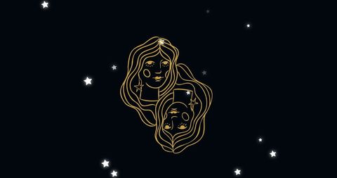 Gemini zodiac design with abstract female faces and stars