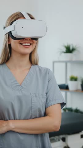 Vertical video: Medical professional exploring virtual clinic with VR headset for training