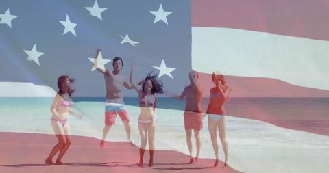 Joyful Beach Celebration with American Flag Overlay