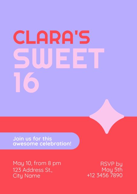 This Sweet 16 invitation features a vibrant purple and pink color scheme with modern text and geometric shapes. Perfect for inviting guests to a milestone birthday party. Ideal for sending via social media or printing to hand out. It catches attention and clearly conveys all necessary event details.