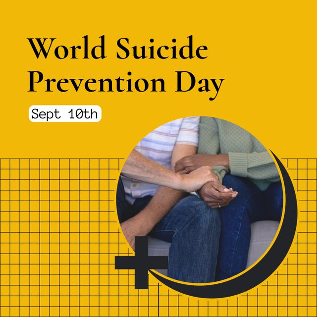 This visual emphasizes the importance of World Suicide Prevention Day by showcasing two diverse friends gently holding hands, symbolizing support, empathy, and solidarity in mental health awareness. Ideal for use in campaigns promoting mental health, events focused on suicide prevention, social media posts, and educational materials.