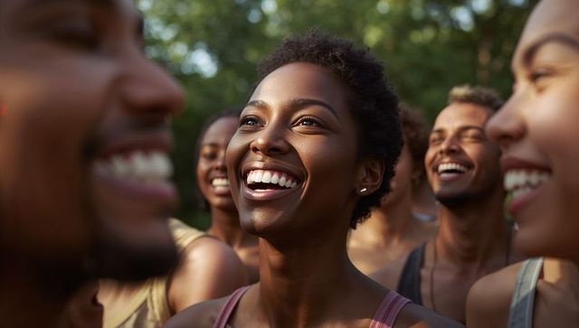 Cheerful Friends Laughing Together in Sunlit Park