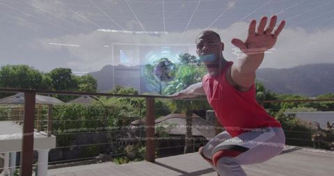 Augmented reality fitness hud guiding athlete squatting on outdoor wooden deck