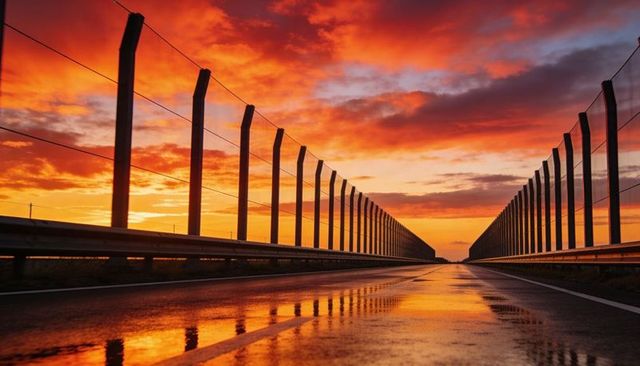 Sunset reflections on wet highway with symmetric guardrails and fenced poles leading horizon