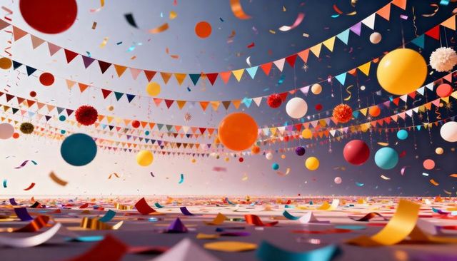 Festival flags fluttering and balloons drifting over confetti-strewn field with streamers