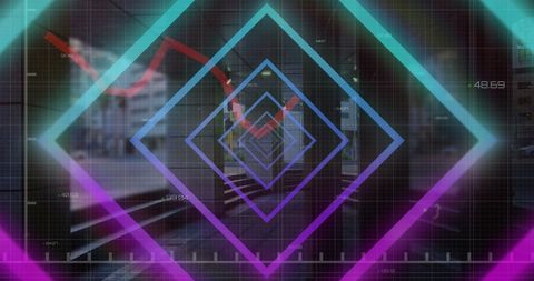 Neon Squares and Financial Data Overlaying Cityscape - Download Free Stock Images Pikwizard.com