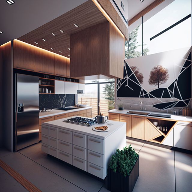Modern kitchen with island, appliances and large window, created using generative ai technology. Eclectic style house interior decor concept digitally generated image.