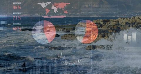 Crashing ocean waves colliding with rocky shoreline overlaid by data visualization circles