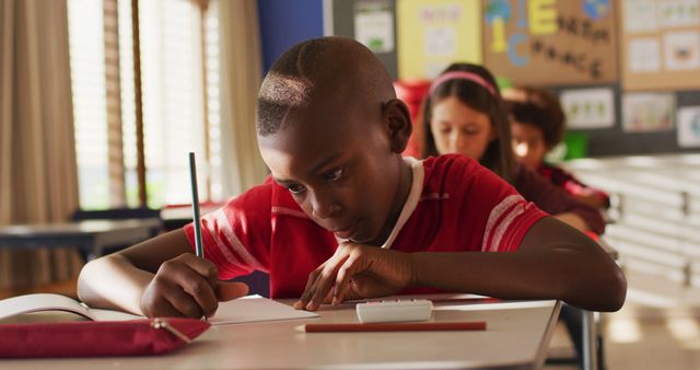 Portrait of african american schoolboy sitting in class, making notes, looking at camera. children at primary school in summer.