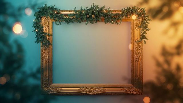Empty gold frame with garland and bokeh lighting