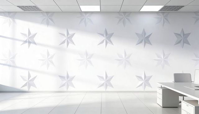 Displaying modern office wall with raised eight-pointed stars and minimalist white desk