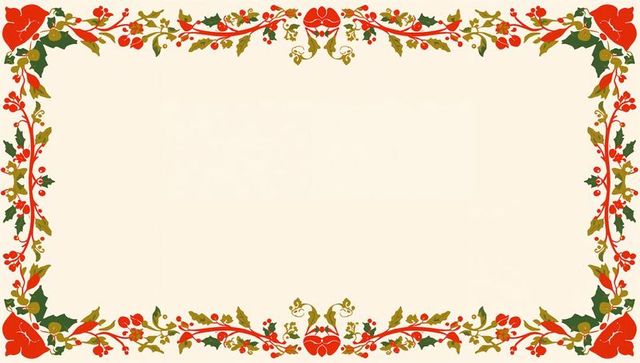 Vintage ornamental floral border framing cream stationery with red blossoms and holly scrollwork