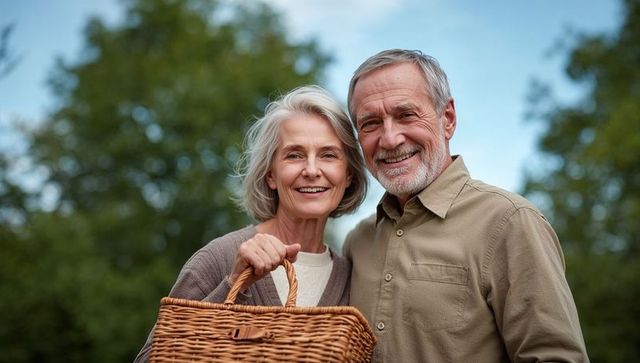 Senior couple enjoying outdoor picnic with woven basket