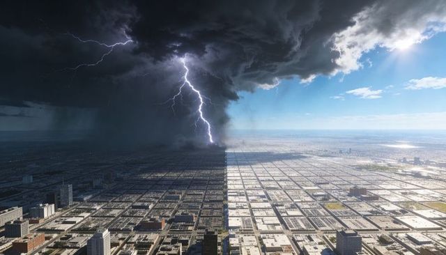 Storm front splitting urban grid, lightning striking rooftops, sunlight and shadow contrast