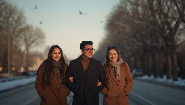 Three friends walking arm-in-arm along tree-lined winter avenue during golden hour