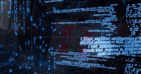 Futuristic cybersecurity dashboard with digital code and network nodes