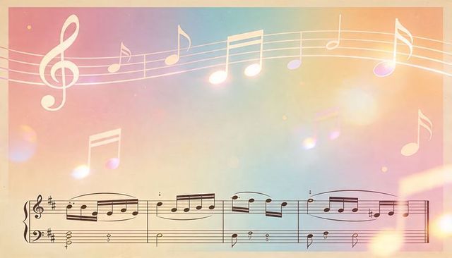 Pastel piano sheet music with vintage grand staff, treble clef and bokeh lights