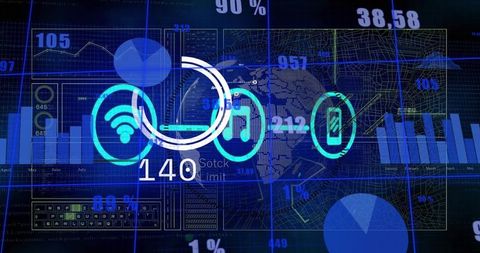 Visualizing Dashboard With Connectivity, Media and Device Battery Metrics in Neon Blue