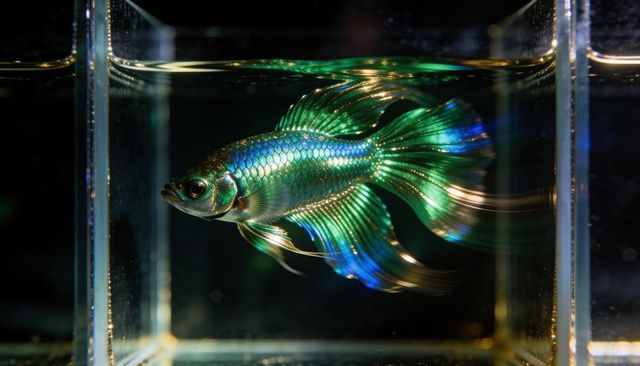 Iridescent teal betta swimming with flowing fins and flashing scales in clear glass tank