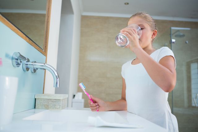Young girl standing by sink in bathroom, drinking water while holding toothbrush. Ideal for topics related to children's hygiene, morning routines, dental care, and healthy habits. Suitable for educational materials, health blogs, and family lifestyle content.