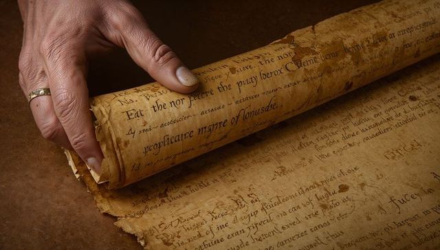 Lifting senior hand rolling ancient parchment scroll with gold ring and ink-stained vellum
