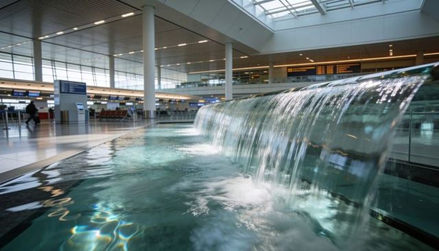 Airport terminal waterfall cascading over glass edge with reflecting pool and skylight