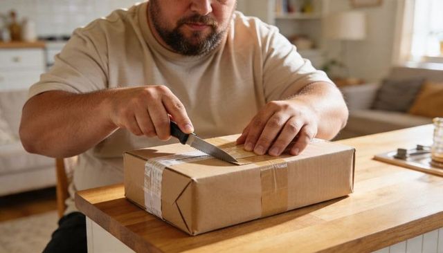 Bearded Man Cutting Tape on Kraft Parcel with Serrated Knife at Sunlit Kitchen Island
