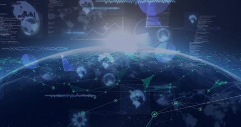 Earth from orbit global digital network at sunrise with holographic hud and hex markers
