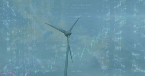 Wind turbine overlays on urban skyline with digital green graph
