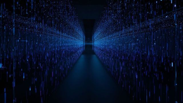 Neon data corridor stretching toward bright portal, reflective floor, immersive led tunnel
