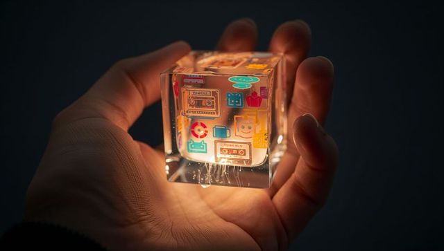 Holding glowing retro icon cube in palm cupping warm light moody dark background