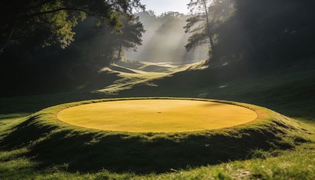 Sunlit circular putting green on raised berm with misty sunbeams and undulating fairway